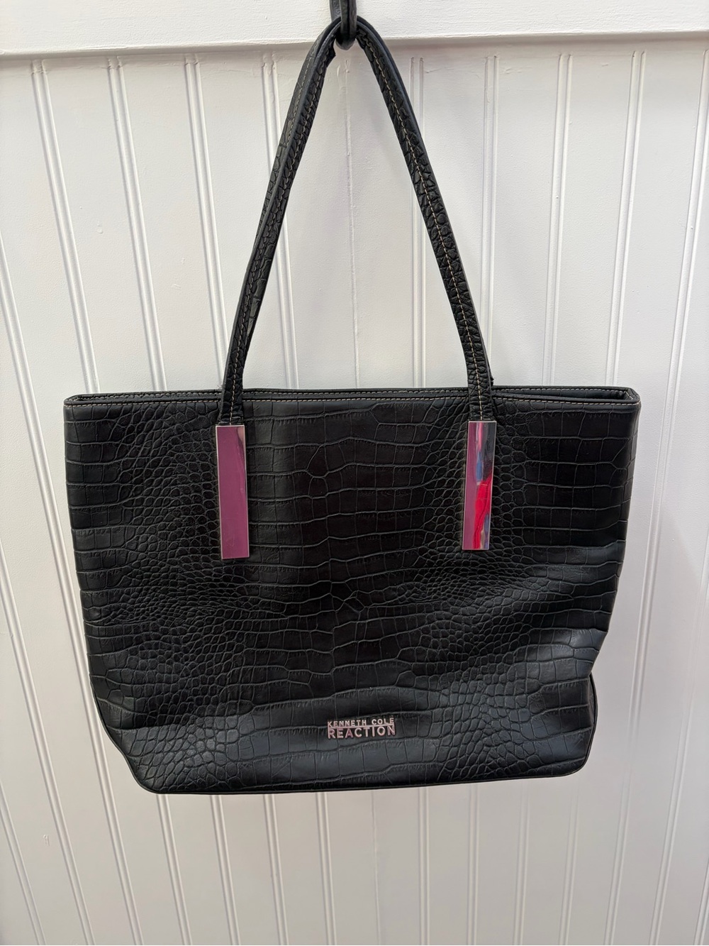 Kenneth Cole Reaction Black Croc-Embossed Tote with Polished Accent Bars